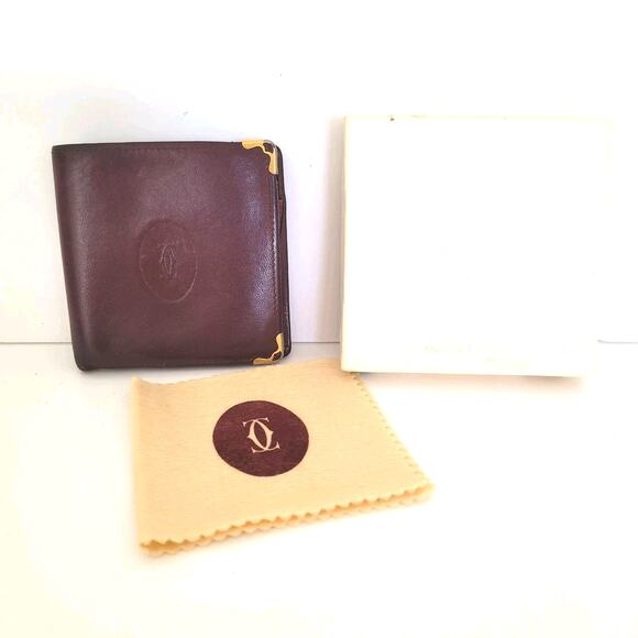 Cartier Men's Vintage Bifold Leather Bordeaux Red Wallet Medium Retro Bill Box - Picture 1 of 14
